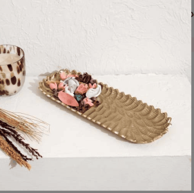 Extured Fern Pattern Gold Finished Aluminum Platter Decorative Tray (Color: Gold)